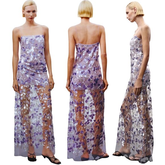 NEW Mango + Jen Ceballos Collab Lavender Floral Lace Sequin Embroidered Dress - Picture 1 of 15
